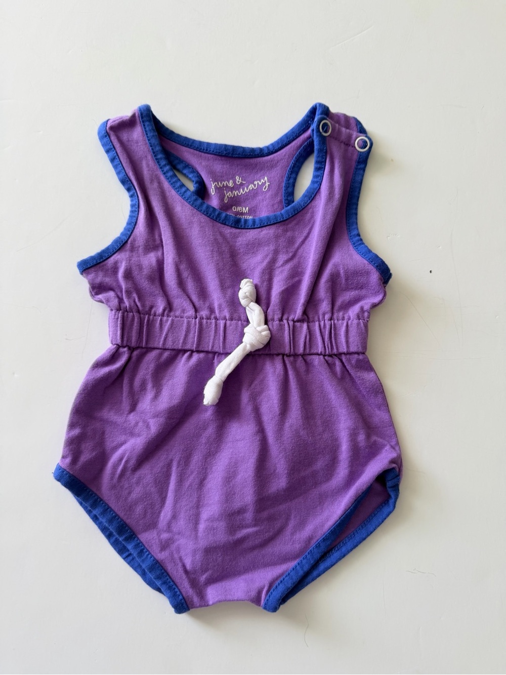 June & January Purple Baby Romper with Blue Trim